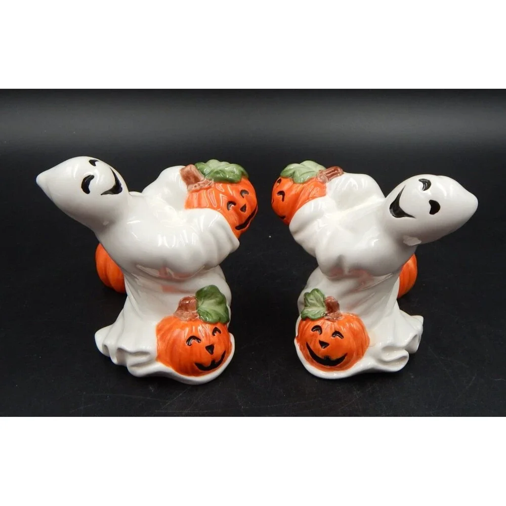 Fitz Floyd Ghost Candlestick Holders Pair Candles Halloween Fall Pumpkin 1996